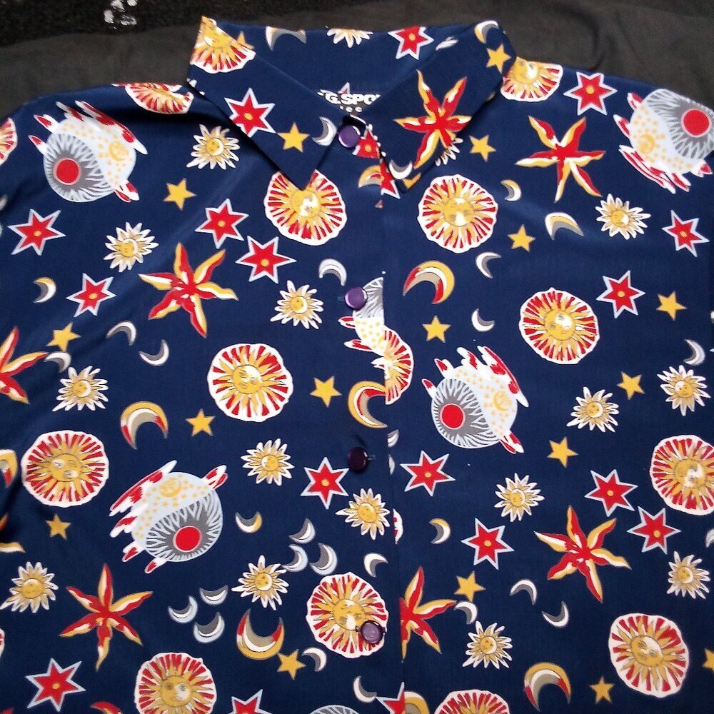 Vintage S.G. Sport Sun Moon Stars Ouer Space Polyester Disco Shirt